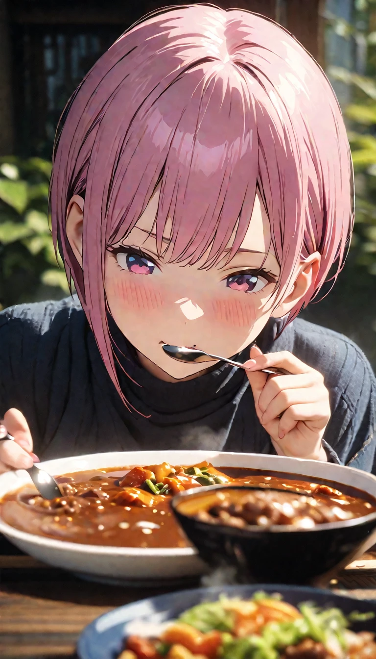 (Highest quality, 4K, 8k, High resolution, masterpiece:1.2), Very detailed, Picturesque, Animated photos, Photo Animation:1.37)、Japanese、(Pink Hair)、(Pixie Cut)、Eating curry with a spoon、Nakano Ichika