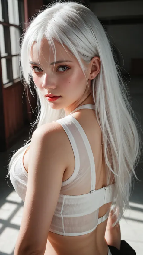 (raw photo, analog style),asuna is a woman with white hair, red eyes, pretty, dynamic pose, 25 year old model, shadow.