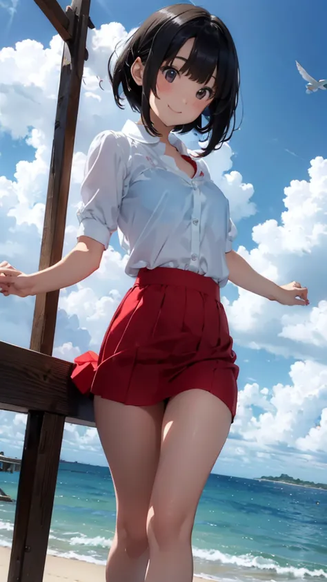 black short bob、cute smile、white button-down blouse、the red bra is sheer、light blue skirt、a skirt flying high in the wind、cute w...