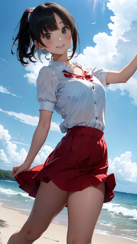 black short bob、cute smile、white button-down blouse、the red bra is sheer、light blue skirt、a skirt flying high in the wind、cute w...