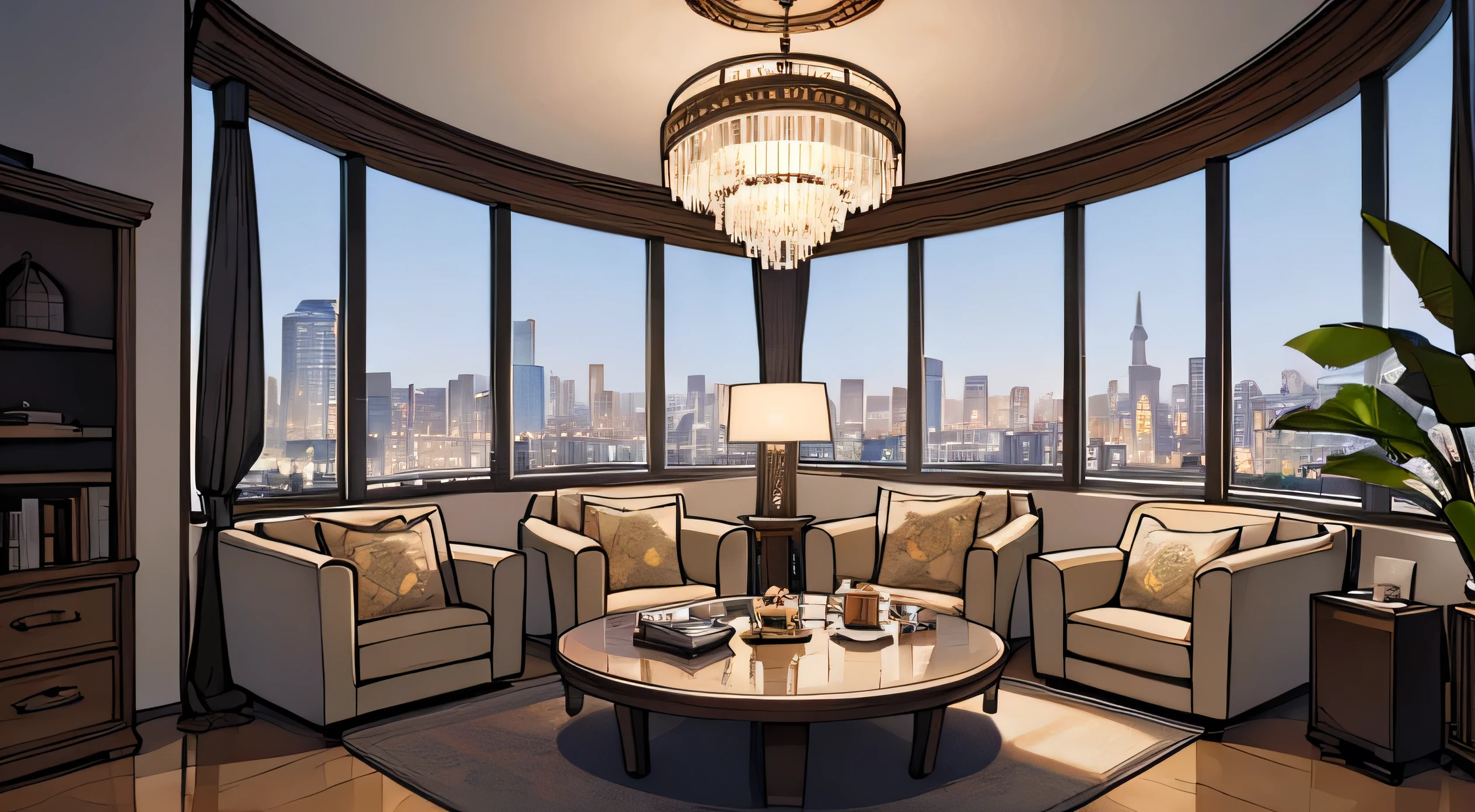 A luxurious and modern office lounge located on a high floor of a skyscraper, with expansive floor-to-ceiling panoramic windows offering a breathtaking view of the city skyline below. The space is enclosed, emphasizing its position within an elegant corporate environment. The lounge features plush white sofas and richly upholstered armchairs in deep blue and burgundy, arranged around a sleek glass coffee table, creating a sophisticated and inviting atmosphere. The ceiling has elegant curved designs with opulent golden chandeliers adorned with crystal accents, adding a touch of refinement to the office setting. The flooring is made of high-quality, light-toned wood, contributing to the overall upscale aesthetic. The room is decorated with stylish indoor plants and delicate floral arrangements, enhancing the luxurious feel of the space. Light, airy curtains frame the windows, allowing natural light to flood the room while maintaining a sense of privacy. Adjacent to the seating area is a formal meeting space with a round table and matching chairs, seamlessly integrated into the design. This office lounge exudes a sense of professionalism, luxury, and modern elegance, making it an ideal place for high-level meetings and relaxation.