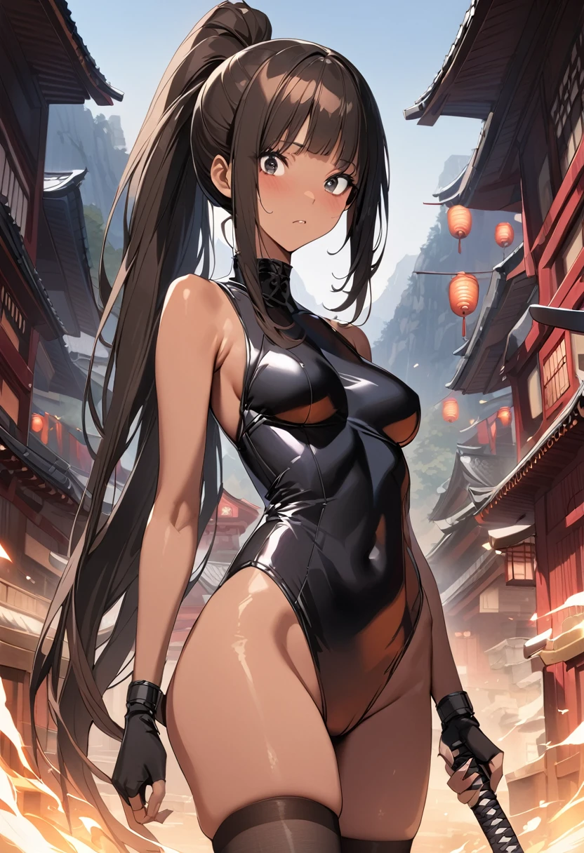 ((masterpiece,best quality anime,Highest quality:1.3)),realistic,cowboy shot,(25 year old beauty),Female ninja,1woman,独奏,((very small head:1.4)),((very long body:1.3)),black hair,bangs,(long ponytail hair),gorgeous big eyes,black eyes,((tan skin:1.5)),(black high neck sleeveless,leotard、black_thighhighs,black fingerless gloves),((slender body:1.3,skinny)),medium breasts,gleaming skin,shiny skin,Sword fighting stance、A detailed depiction of a Japanese sword,Old shrine in the mountains、Moonlit Night、Action Scenes、