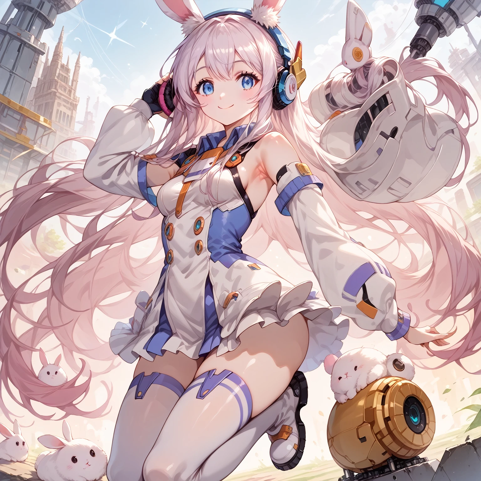 score_9_up, score_9, score_8_up, score_7_up, source_anime,masterpiece, best quality, high resolution, extremely detailed CG, absurdres, highres, 1girl solo, a mecha bunny girl jump on top of a futuristic circular device in universe, long hair, thighhighs, animal ears, rabbit ears, blue eyes, breasts, bare arms, no_sleeves, white thighhighs, headphones, medium breasts, very long hair, boots, smile, armpits, hands near head, kawaii, vivid color, good_hands