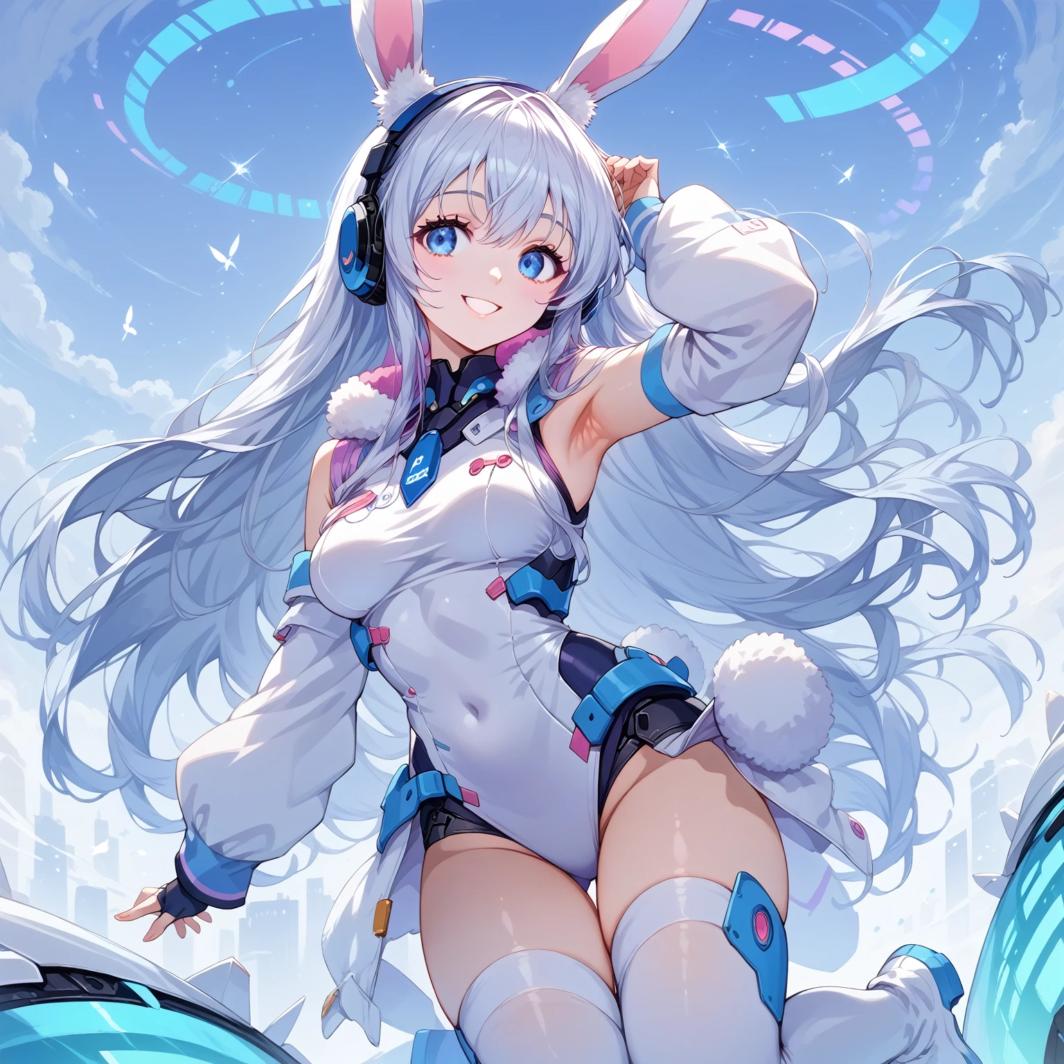 score_9_up, score_9, score_8_up, score_7_up, source_anime,masterpiece, best quality, high resolution, extremely detailed CG, absurdres, highres, 1girl solo, a mecha bunny girl jump on top of a futuristic circular device in universe, long hair, thighhighs, animal ears, rabbit ears, blue eyes, breasts, bare arms, no_sleeves, white thighhighs, headphones, medium breasts, very long hair, boots, smile, armpits, hands near head, kawaii, vivid color, good_hands