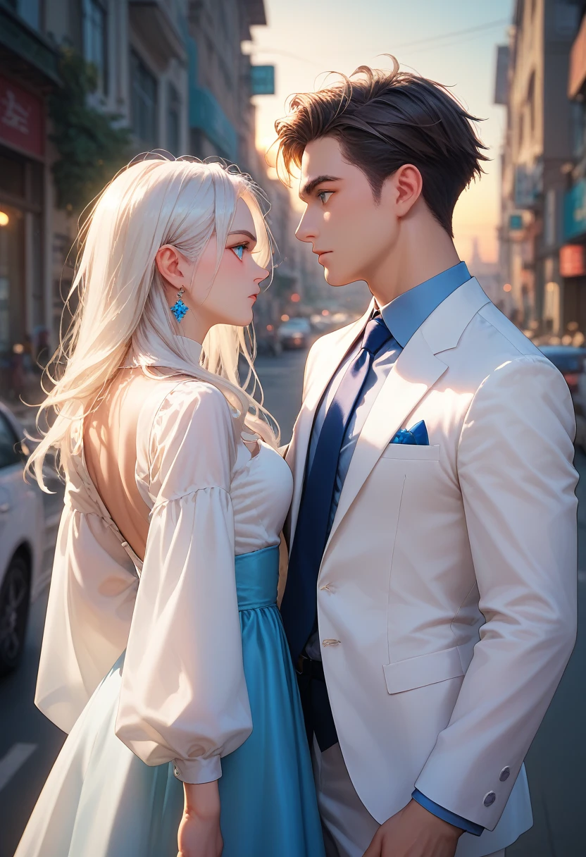 A white-haired, blue-eyed man in a white suit, a white-haired, blue-eyed girl rides behind a man with his back turned in the middle of the city at sunset.