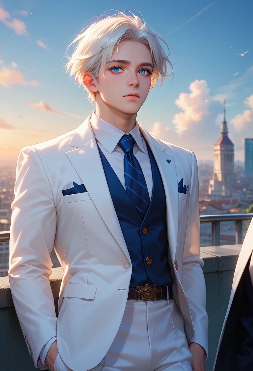 A white-haired, blue-eyed man in a white suit, a white-haired, blue-eyed girl rides behind a man with his back turned in the middle of the city at sunset.