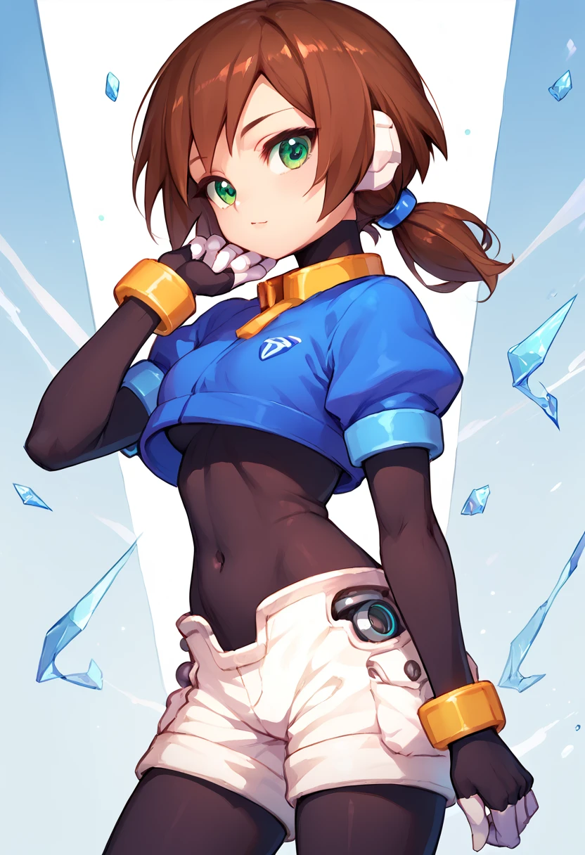 detailed,score_9, score_8_up, score_7_up, score_6_up, score_5_up, score_4_up, BREAK,ailezx,green eyes,brown hair,robot ears,short hair ,low ponytail ,bodystocking,legwear under shorts,shorts,short over long sleeves