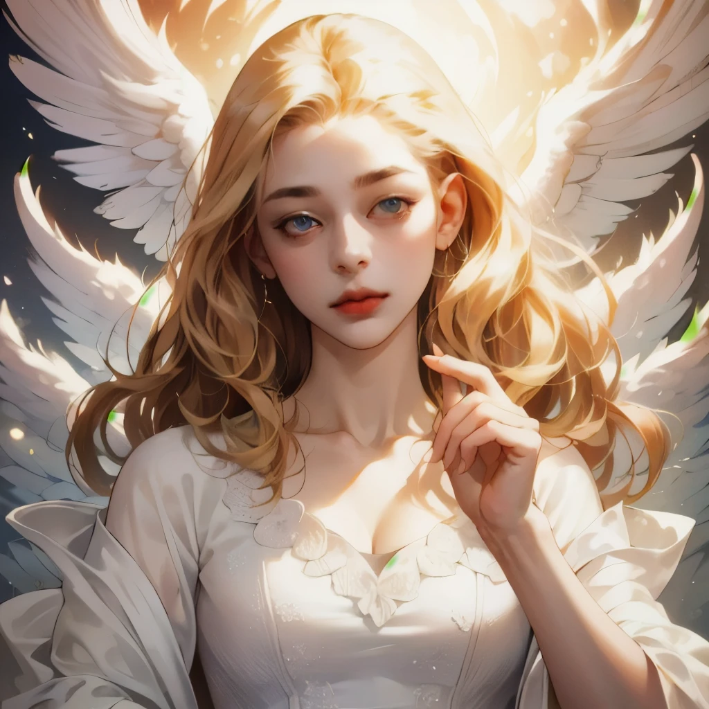 Best quality,masterpiece,ultra high res,beautiful, extremely detailed face, perfect lighting, perfect face, 16K, beautiful women, blonde girl, golden hair, long  hair, blue colored eyes, Angelic beauty, ethereal beauty, Straight Nose, pale skin, Russian traits, light dress, offwhite, light pink.