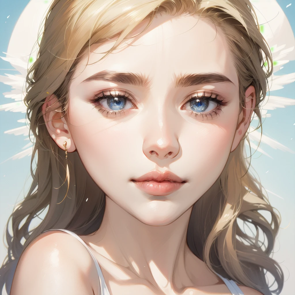 Best quality,masterpiece,ultra high res,beautiful, extremely detailed face, perfect lighting, perfect face, 16K, beautiful women, blonde girl, golden hair, long  hair, blue colored eyes, Angelic beauty, ethereal beauty, Straight Nose, pale skin, Russian traits, light dress, offwhite, light pink.