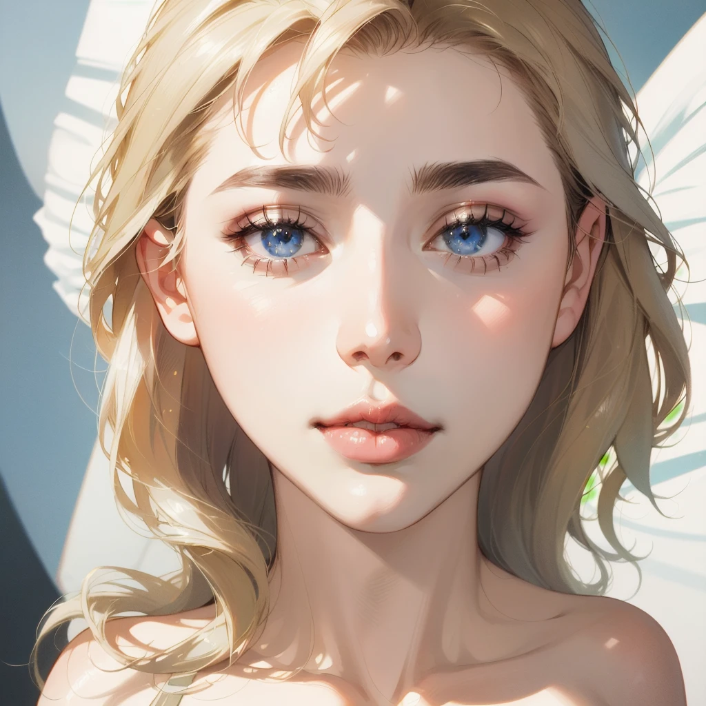 Best quality,masterpiece,ultra high res,beautiful, extremely detailed face, perfect lighting, perfect face, 16K, beautiful women, blonde girl, golden hair, long  hair, blue colored eyes, Angelic beauty, ethereal beauty, Straight Nose, pale skin, Russian traits, light dress, offwhite, light pink.