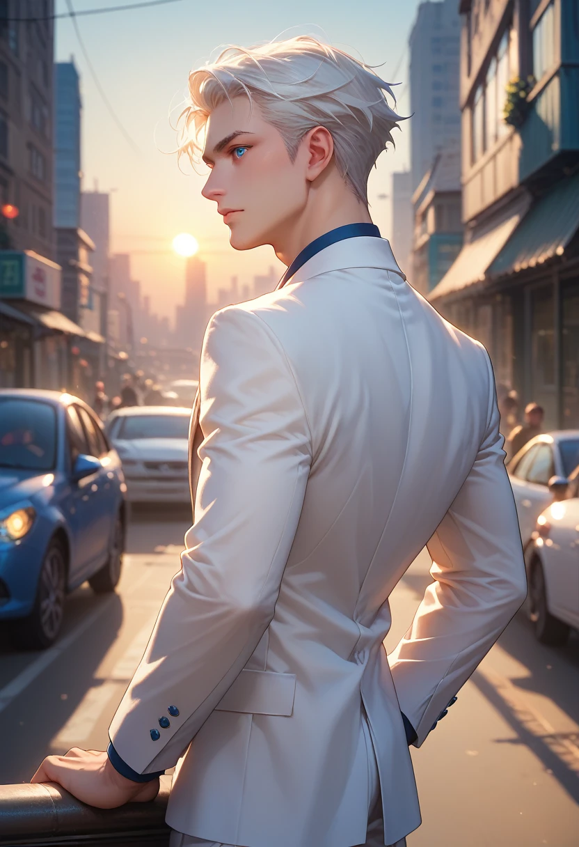 A white-haired, blue-eyed man in a white suit and a white-haired, blue-eyed girl ride with their backs turned in the middle of the city at sunset.