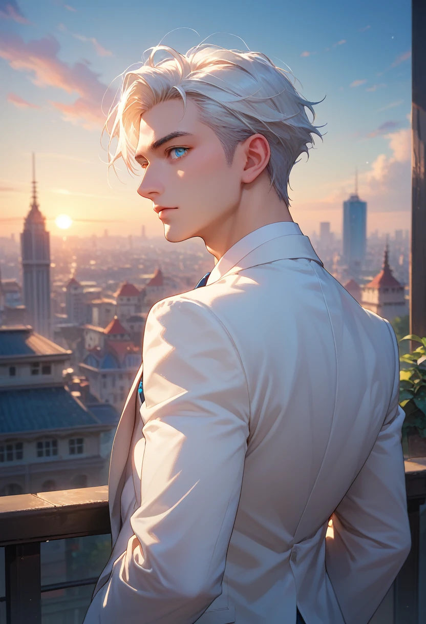 A white-haired, blue-eyed man in a white suit and a white-haired, blue-eyed girl ride with their backs turned in the middle of the city at sunset.