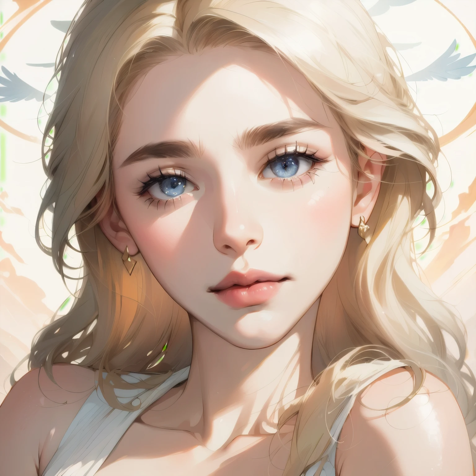 Best quality,masterpiece,ultra high res,beautiful, extremely detailed face, perfect lighting, perfect face, 16K, beautiful women, blonde girl, golden hair, long  hair, blue colored eyes, Angelic beauty, ethereal beauty, Straight Nose, pale skin, Russian traits, light dress, offwhite, light pink.