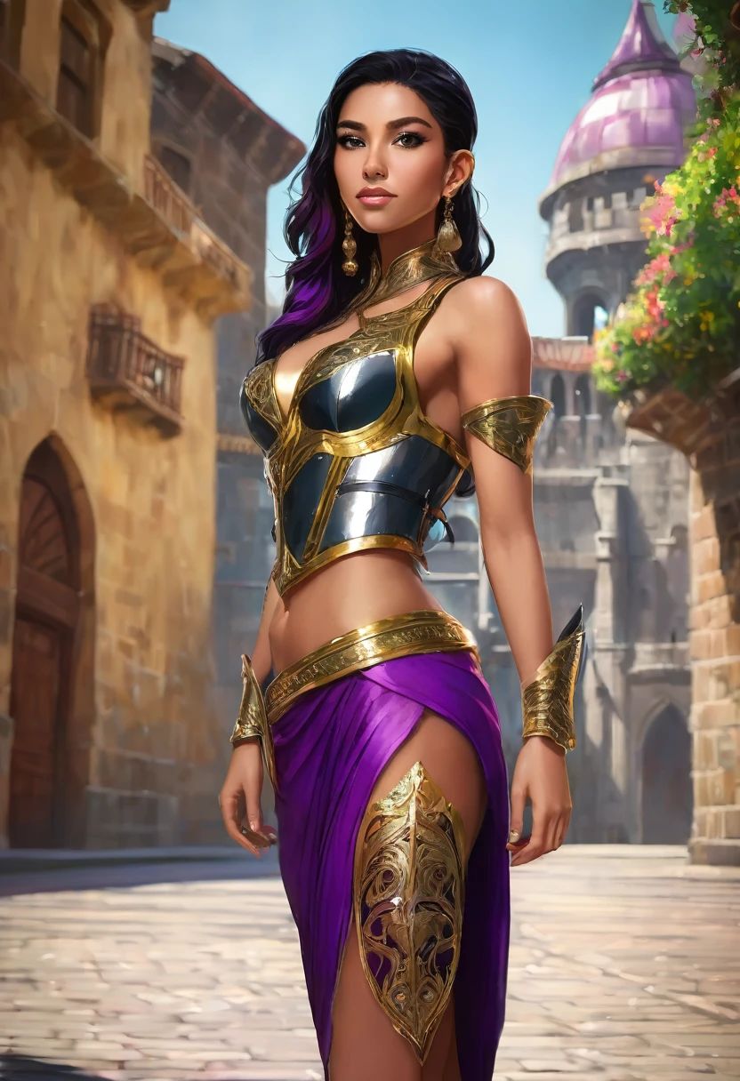 ((best quality)), ((masterpiece)), (detailed), 1girl, (full body image), (Proportionate body), (clothing details), (beautiful face), (vibrant colors), (sexy pose) human, female, athletic thin body, tan skin Puerto Rican, black wavy hair in ponytail, (small gold earrings), sexy armor, sexy clothes, sexy toned butt, looking at viewer, purple and gray, castle background at morning, (dull green eyes), (revealing clothing), smirk,