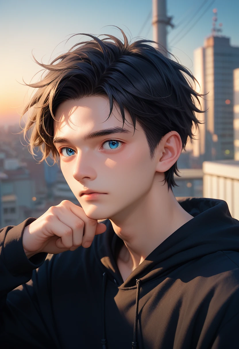 A young black-haired, blue-eyed young man wearing a black hoodie turned his back and half his face in the middle of the city at sunset.