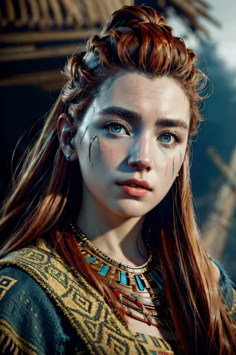 aloy, russet hair, blue colored eyes, tribal clothing, in ruins of an ancient civilization, high resolution, super detaill, 8k. ...