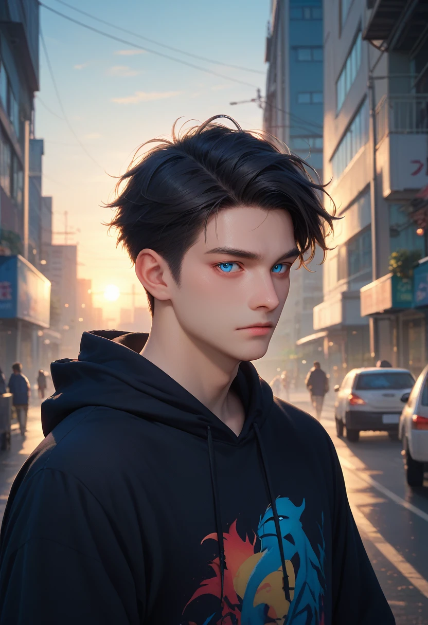 A black-haired, blue-eyed man wearing a black hoodie turned his back and half his face in the middle of the city at sunset.