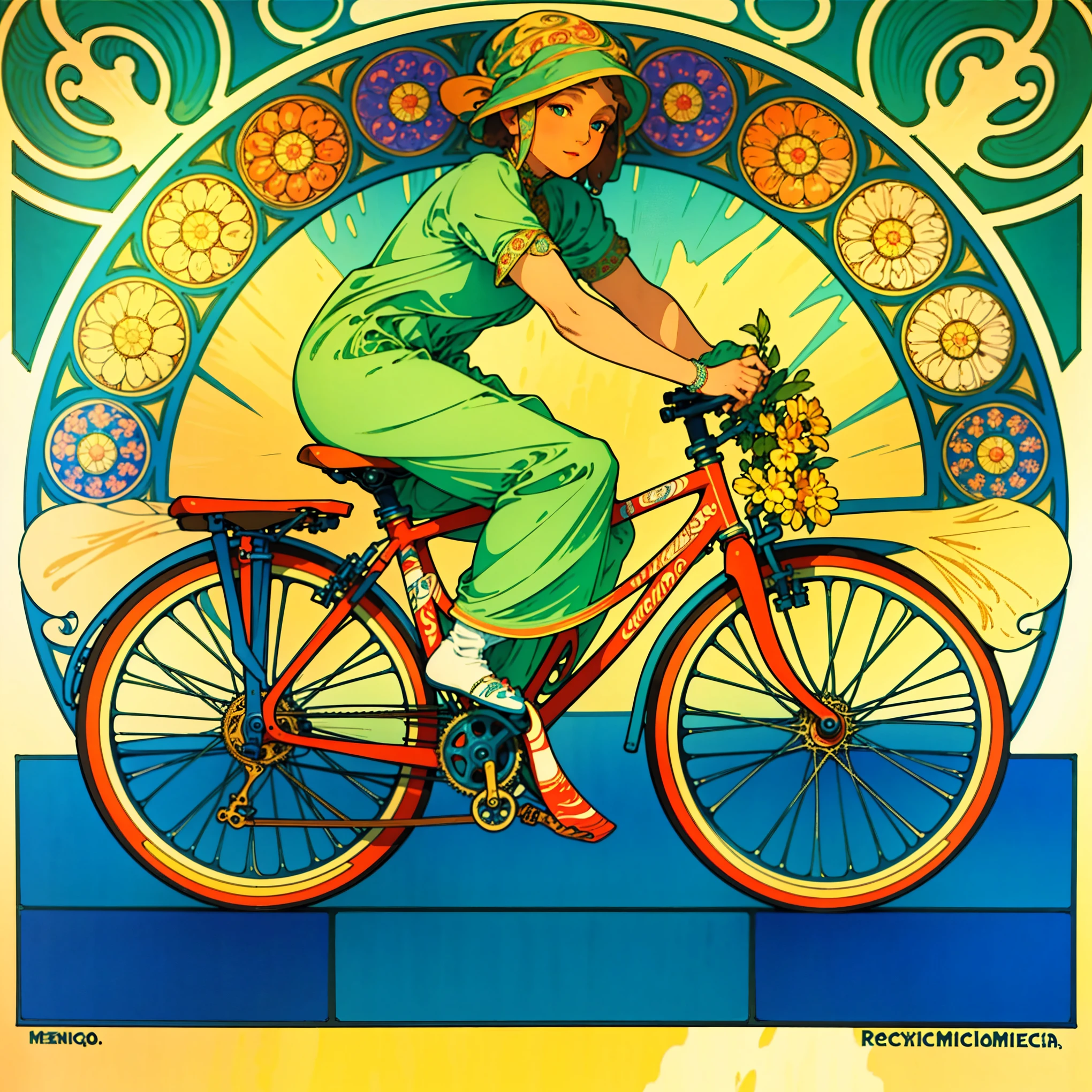 illustration of detailed  (bicycle:1), material, Coloring, art, Beautiful picture, Background adorned with natural ornaments, Colorful colors, Decorated in Art Nouveau style, (Mucha style:1.4), Perfect details, Genuine.