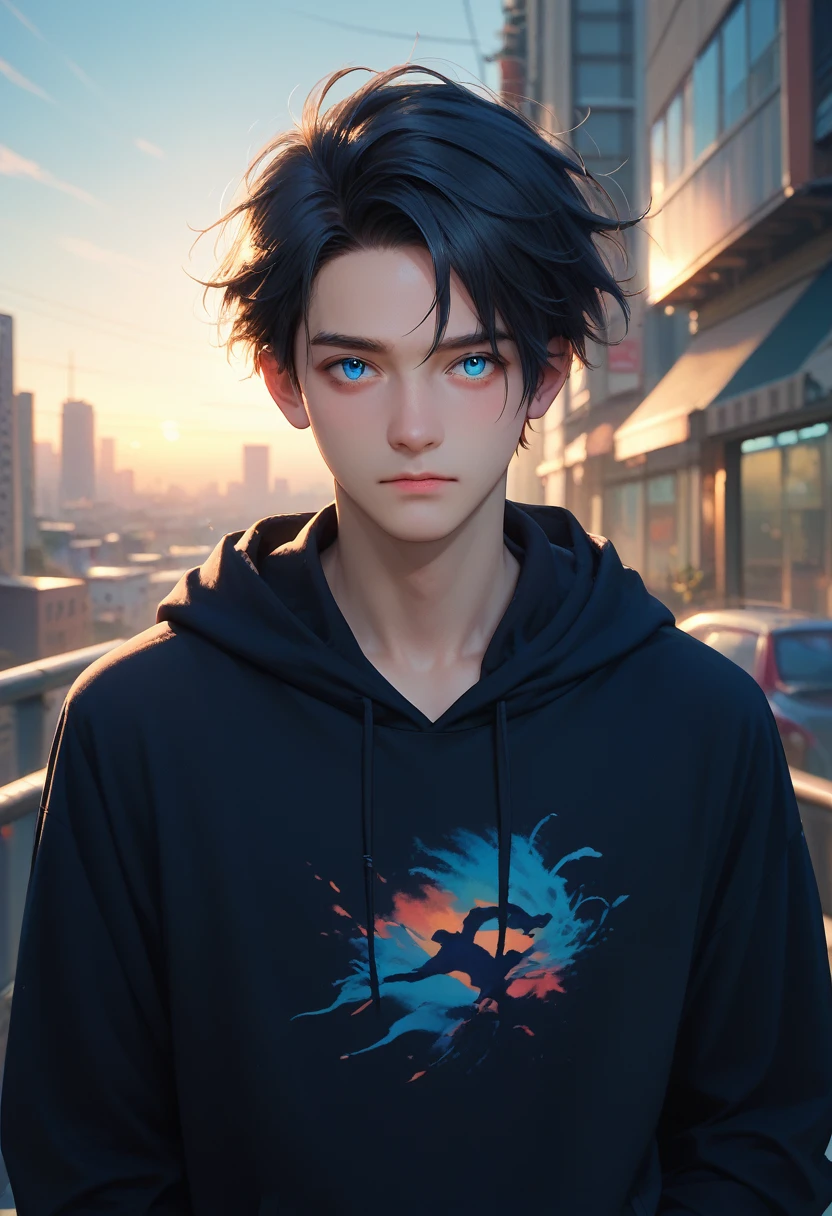 A black-haired, blue-eyed man in a black hoodie turns his back on the city at sunset.