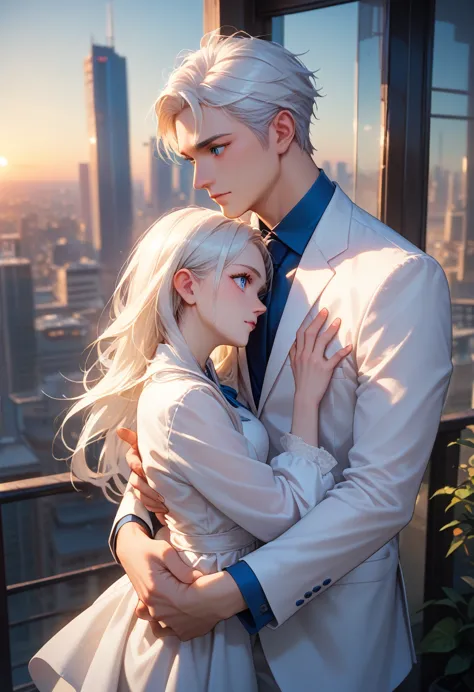 a white-haired, blue-eyed man in a white suit carries a white-haired, blue-eyed girl on his back in the middle of the city at su...