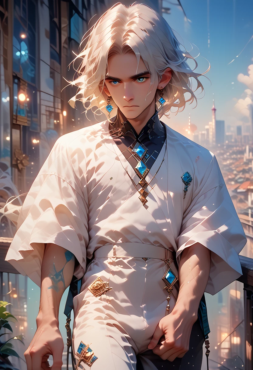 A white-haired, blue-eyed man in a white suit carries a white-haired, blue-eyed girl on his back in the middle of the city at sunset.