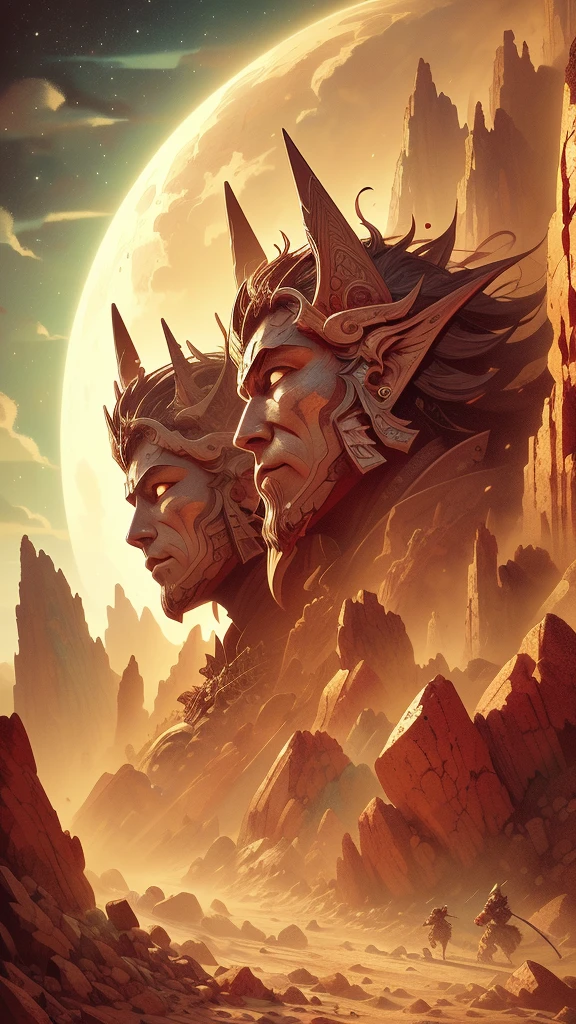 (ultra-detailed face, looking away, fantasy illustration, gothic, ukiyo-e, comic art, rich colors), (world of rocks and sand, dust storm of red sand, two huge 200 meter tall rock statues of legendary soldiers in armor, side by side, facing each other, parabolic effect)