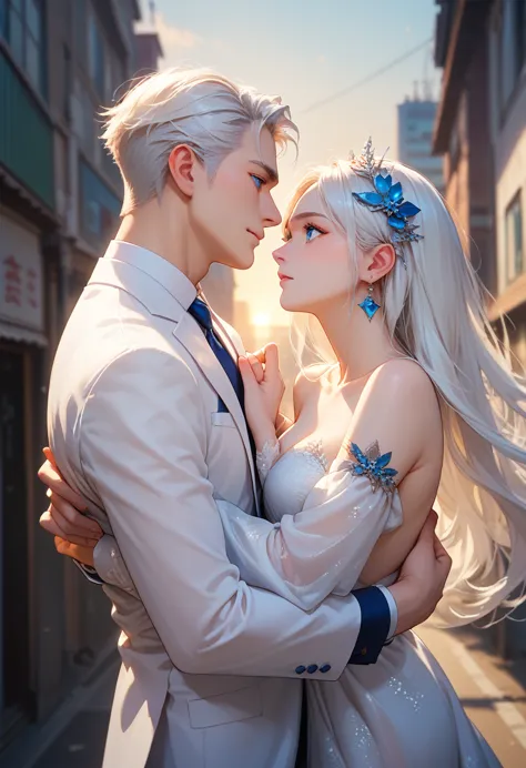 a white-haired, blue-eyed man in a white suit carries a white-haired, blue-eyed girl on his back in the middle of the city at su...