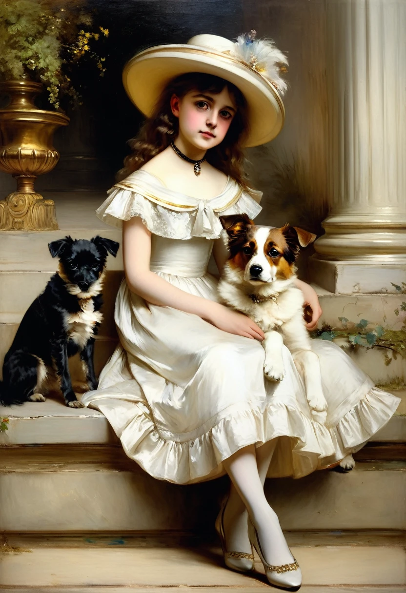 Painting of a girl in a white dress and hat sitting on a step with a dog, Charles Joshua Chaplin, Victorian painting, portrait of a Victorian duke, Victorian aristocrat, portrait of a princess in fancy dress, William Mustart Lockhart, Victorian painting, Eugène von Guerard, Regency era