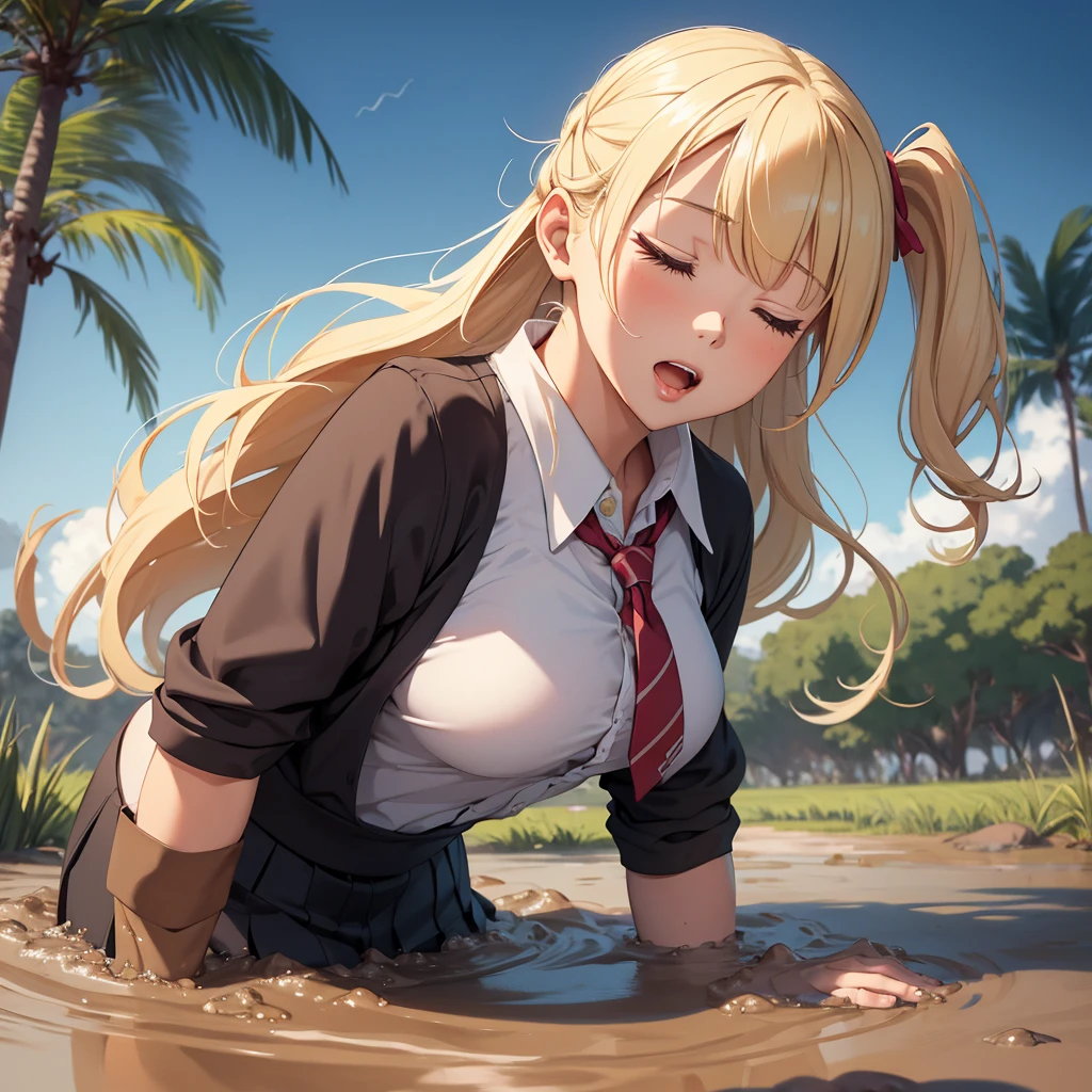 1girl, solo:1.5, masterpiece, best quality, high res, highly detailed, (illustration), beautiful detailed eyes, yuigahama yui, blonde hair ponytail, glossy lips, light makeup, orgasm, (looking up to the sky:1.5), (mouth open:1.2), intimate moment, school shirt, (quicksand:1.4), (submerged up to her torso), (from side:1.4), bog, swamp, grass, trees, (eyes closed:1.3), gasping expression,