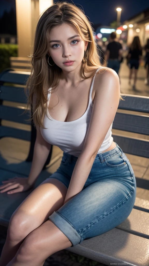 young attractive sexy russian woman, 18 years old, cute baby face, blue eyes, (panties,Small tight jeans shorts:1.2), Big Breasts, Light blonde hair, Long Hair, Earrings, (sit on bench in public street at night), (From head to end of skirt) ,8k, RAW Photos, Highest quality, masterpiece,Highest quality