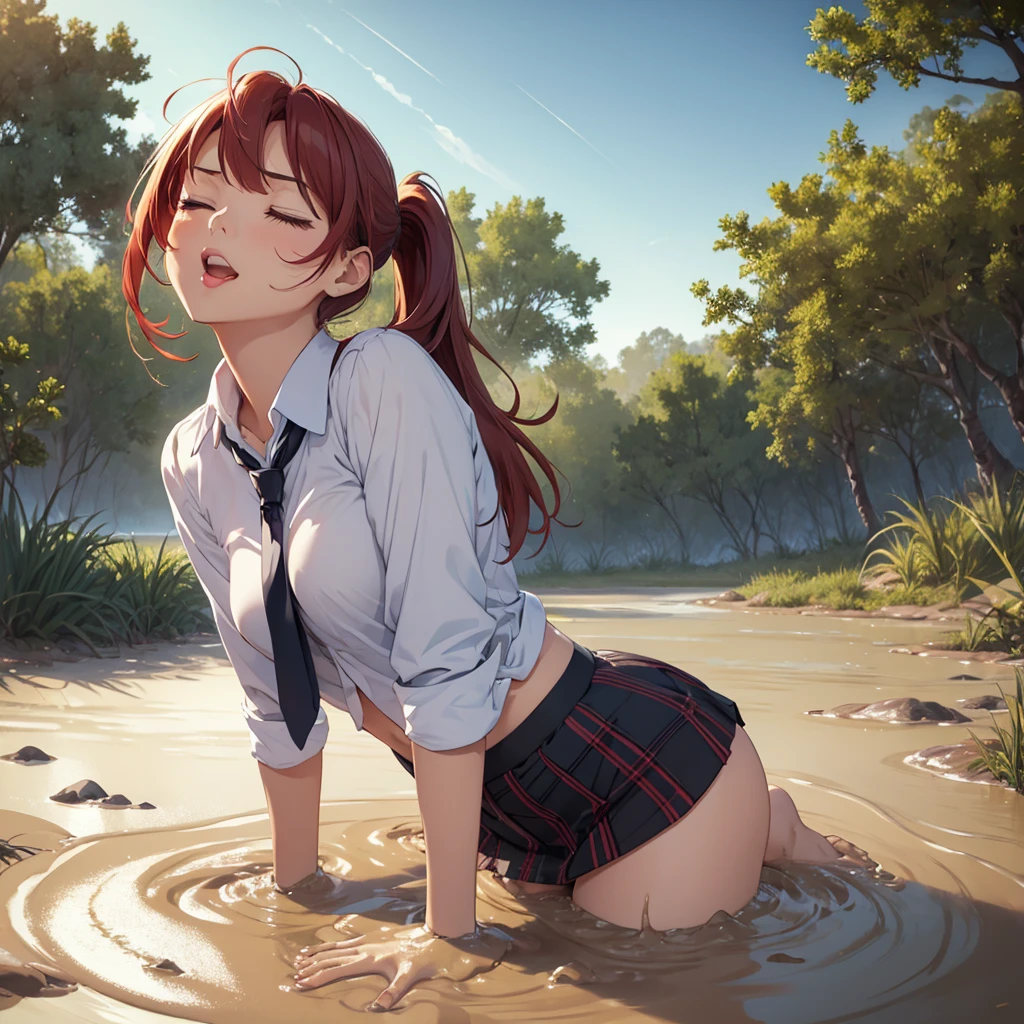 1girl, solo:1.5, masterpiece, best quality, high res, highly detailed, (illustration), beautiful detailed eyes, yuigahama yui, red hair ponytail, glossy lips, light makeup, orgasm, (looking up to the sky:1.5), (mouth open:1.2), intimate moment, school shirt, (quicksand:1.4), (submerged up to her torso), (from side:1.4), bog, swamp, grass, trees, (eyes closed:1.3),