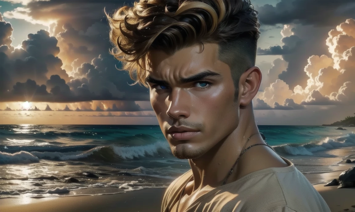 [((highly detailed, detailed eyes, detailed face, clear and realistic facial features, photorealistic, realistic light, cinematic)), ((((group of 3 men, each man looks unique, each man has a different natural hair color)))), (((group of sexy male college-age jocks standing on the beach and looking angry or frustrated))), ((wearing weathered casual clothes)), ((wet)), ((beautiful deserted tropical island with a storm in background))]