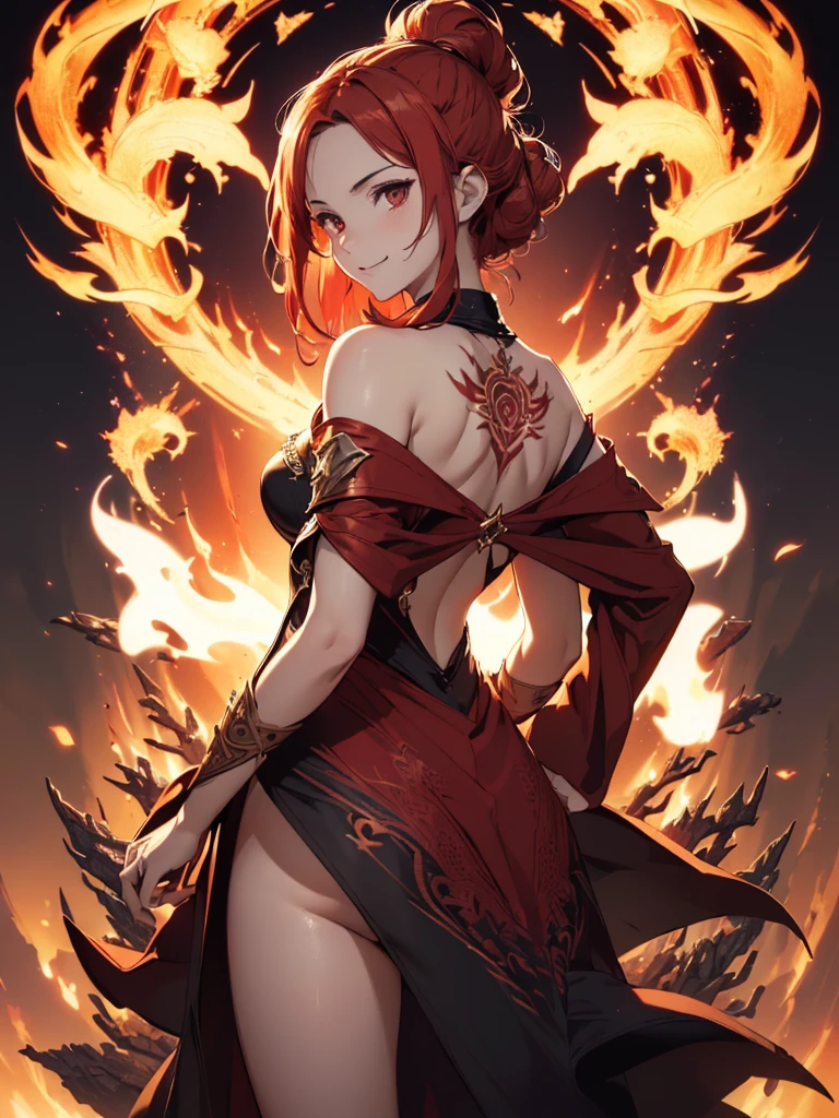 (((best quality, sharp image, clear image, cinematic lighting, 8k resolution, masterpiece, ultra detailed, intricate))) Girl, (((looking over left shoulder))), (shot from behind), fire mage, ((intricate background)), ((chaotic background)), red hair, smiling, ((flame runes, flame sigils)), (tatoo on back), slim figure, flying sigils