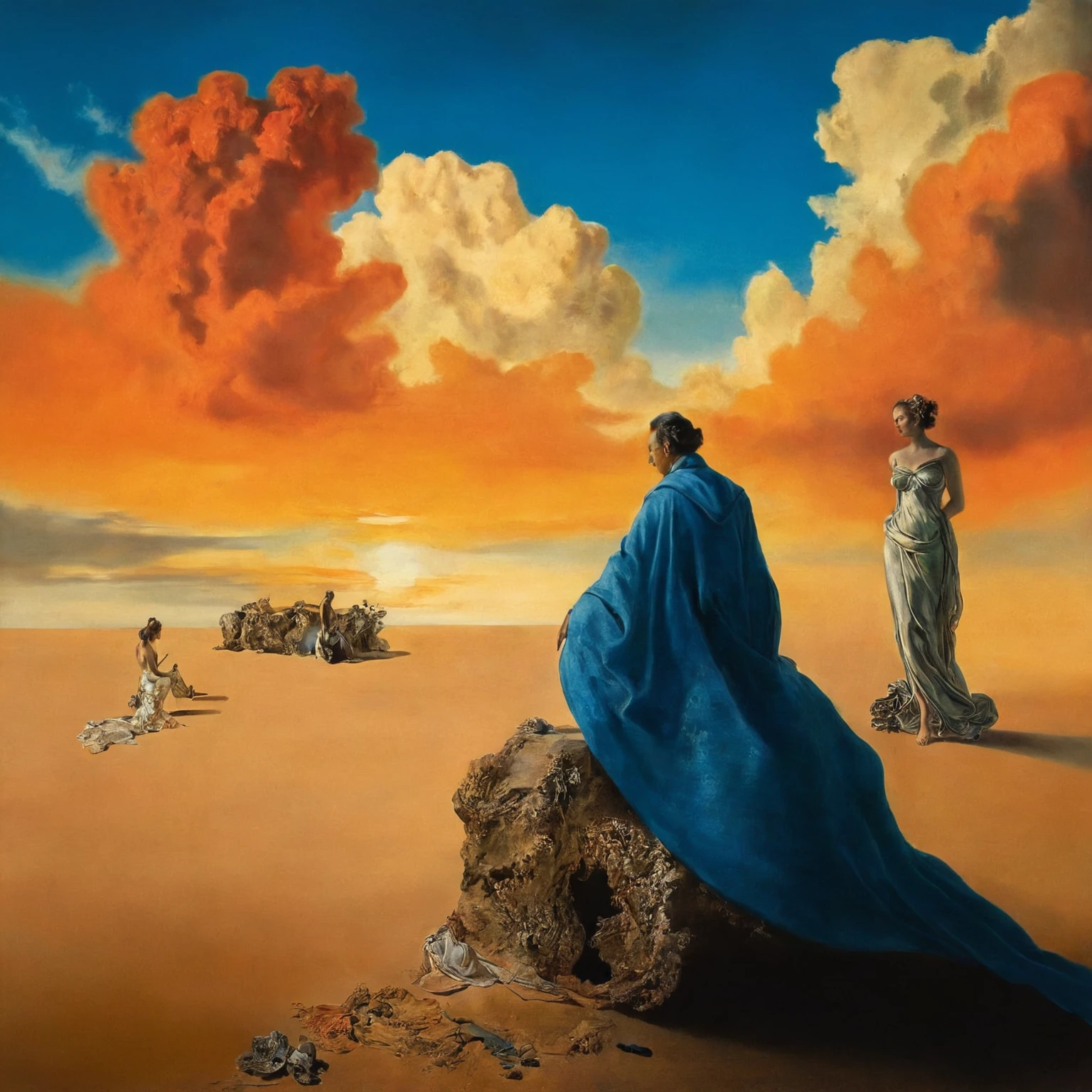 Flow of time by Salvador Dali,Magic,(style of Jean-Antoine Watteau):0.1.       The image is a digital artwork depicting a serene scene on a beach at sunset with three person s., with a small figure standing at the bottom. The image is a captivating depiction of an ancient civilization, set in a desert landscape under a cloudy blue sky.