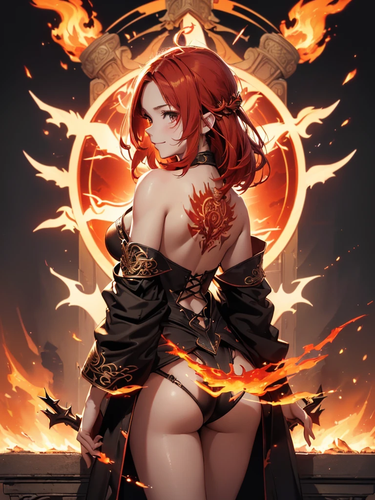 (((best quality, sharp image, clear image, cinematic lighting, 8k resolution, masterpiece, ultra detailed, intricate))) Girl, (((looking over left shoulder))), (shot from behind), fire mage, ((intricate background)), ((chaotic background)), red hair, smiling, ((flame runes, flame sigils)), (tatoo on back), slim figure, flying sigils