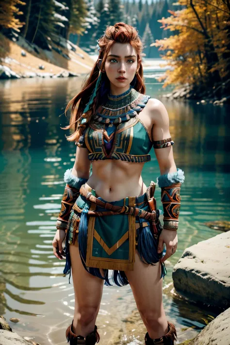 aloy full body, russet hair, blue colored eyes, tribal clothing, behind a lake with crystal clear water, high resolution, super ...