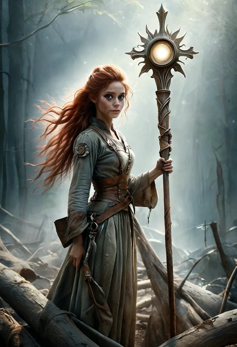 (Realistic:1.2), (whimsical:1.2), ultra detailed, modern analog style, photorealistic cute woman, chestnut hair, tattered outwear, post-apocalyptic, detailed face, beautiful eyes, (shy smile:0.7), (freckles:0.5), holding a big staff, exhausted after another battle, dramatic, faded colours, soft focus, soft naturally lighting, looking directly to the camera, centered image, elegant, approaching perfection, hyper realystic, bokeh, kodak 400 porta film, blured post-apocalyptic background 