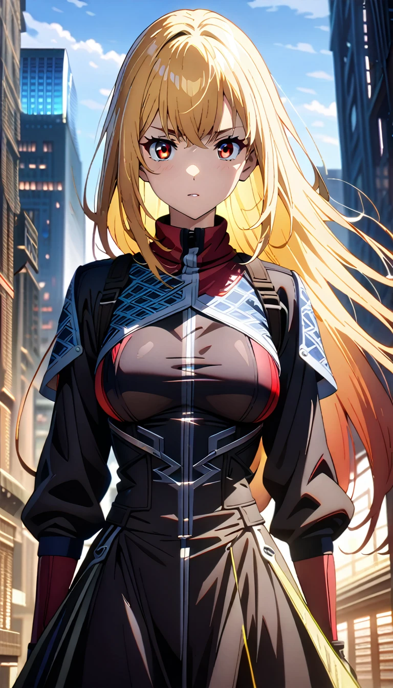 1girl,(Medium breast),( very long yellow hair),(Black armored clothing),(tight skirt),((((red eyes)))),(masterpiece:1.5), (8k details:1.3), (unlimited details:1.2), (best eyes:1.4), (ultra clothes details:1.3), (highly detailed background), (vibrant colors), (dynamic lighting), (realistic skin texture), (intricate patterns), (sharp focus), (full-body view), (natural poses), (expressive emotions), (cinematic composition),(anime style),(ultra details anime style),(City background in modern era)