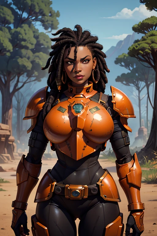 Portrait of  African woman with (short black dreadlocks), black hair pulled back, wearing a (heavy orange mechanical armor, power armor covering her chest and arms, orange breast plate) with large (round orange shoulder pads). a dark green undersuit visible between the armor pieces. (Barbarian fur).Badlands background with dead trees. super high quality, super high detail, masterpiece, 4k, 8k, HDR, masters of the universe 