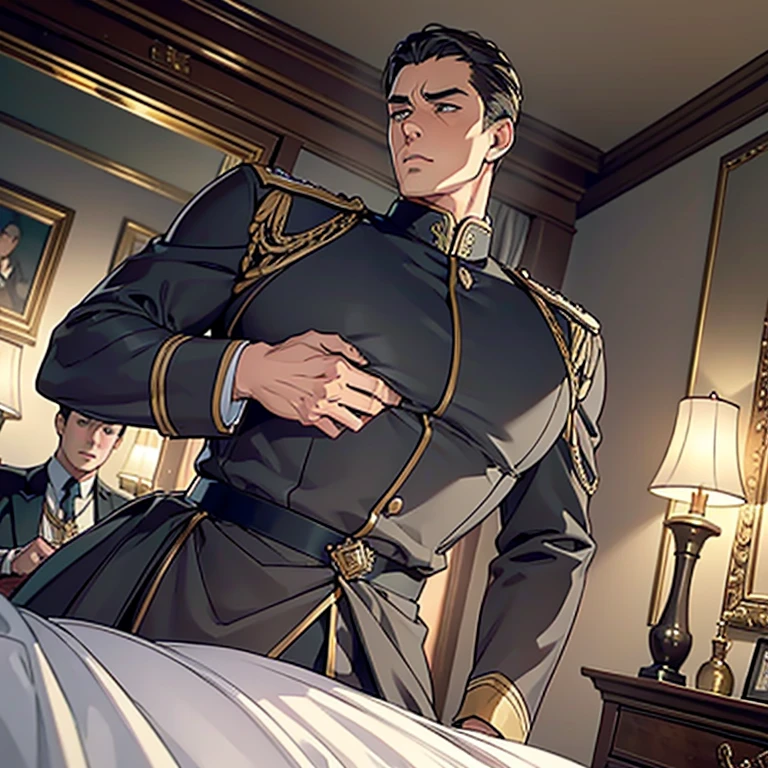 ((A handsome male general stands in a luxurious, dimly lit room. He is dressed in a military uniform that accentuates his muscular build and confidence. The uniform jacket is unbuttoned, revealing a huge manly breast which are being grabbed by a stranger)), NSFW, porn, hentai, ((His expression is intense and commanding:0.2)), The soft glow of candlelight highlights the sharp contours of his face and the details of his uniform - creating a sensual and romantic atmosphere,  (The room is decorated with rich, velvet drapes and antique furniture, adding an air of mystery and allure), ((man with huge squishy manly breasts)), ((someone is fondling his huge breasts:0.2)), ((his uniform is so tight it cant hold his huge breasts back)), ((the general drank an aphrodisiac and now feels horny)),  ((sexual assault)), ((someone aggressively grabs the general’s huge breasts:0.3)), ((oiled up)),