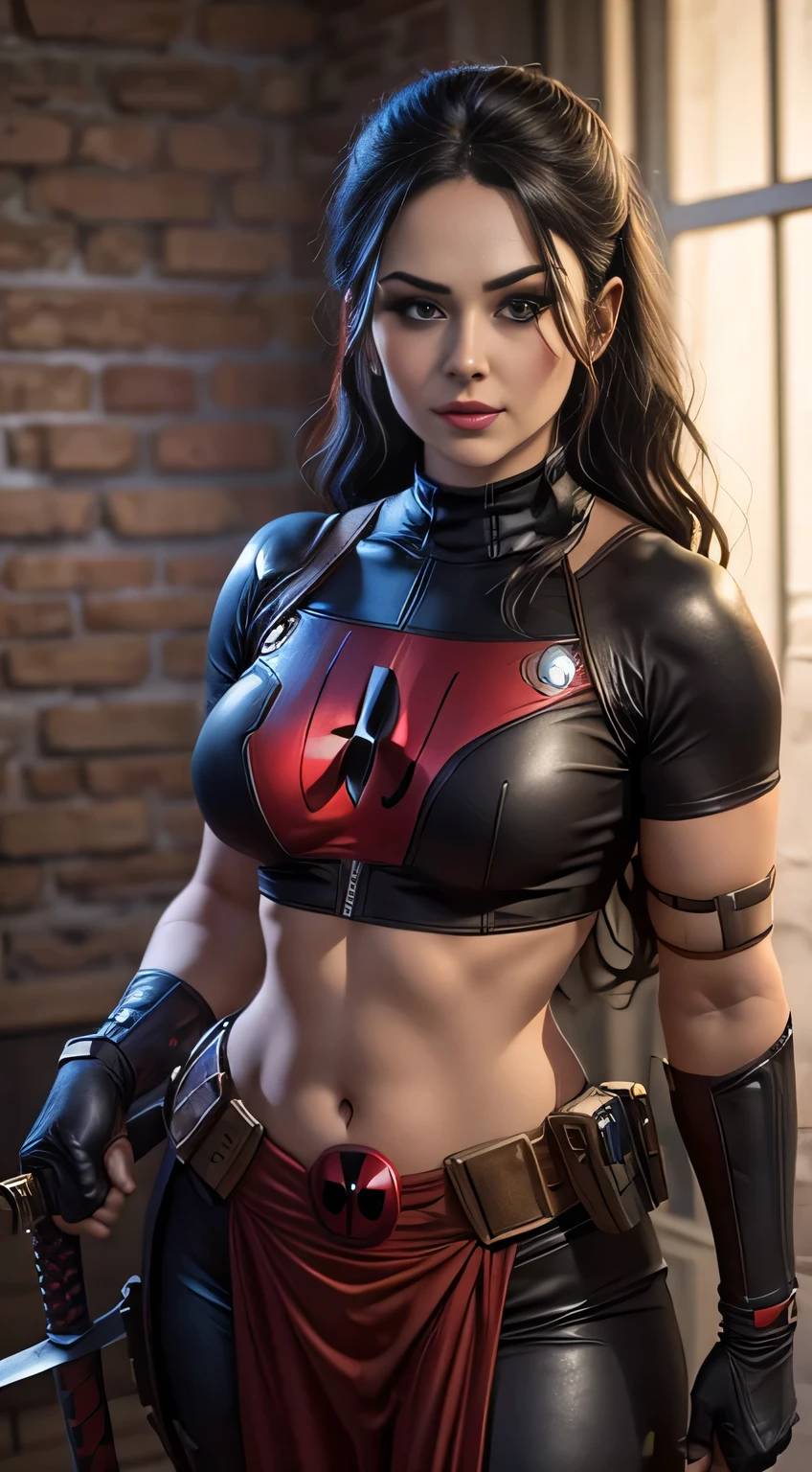 A very beautiful woman wearing deadpool coustume without mask and hold guns in both hand. And she have pair sword in her back. Wearing crop top.