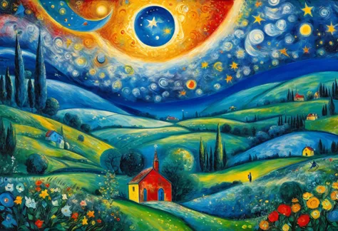 a starry sky, ((marc chagall style)), magic naive art, primitivism, protogen, 
, ((best quality, masterpiece)), ((highest detail...