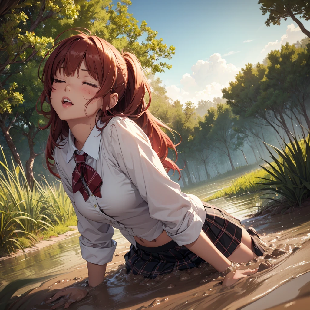 1girl, solo:1.5, masterpiece, best quality, high res, highly detailed, (illustration), beautiful detailed eyes, yuigahama yui, red hair ponytail, glossy lips, light makeup, orgasm, (looking up to the sky:1.5), (mouth open:1.2), intimate moment, school shirt, (quicksand:1.4), (submerged up to her torso), (from side:1.4), bog, swamp, grass, trees, (eyes closed:1.3),