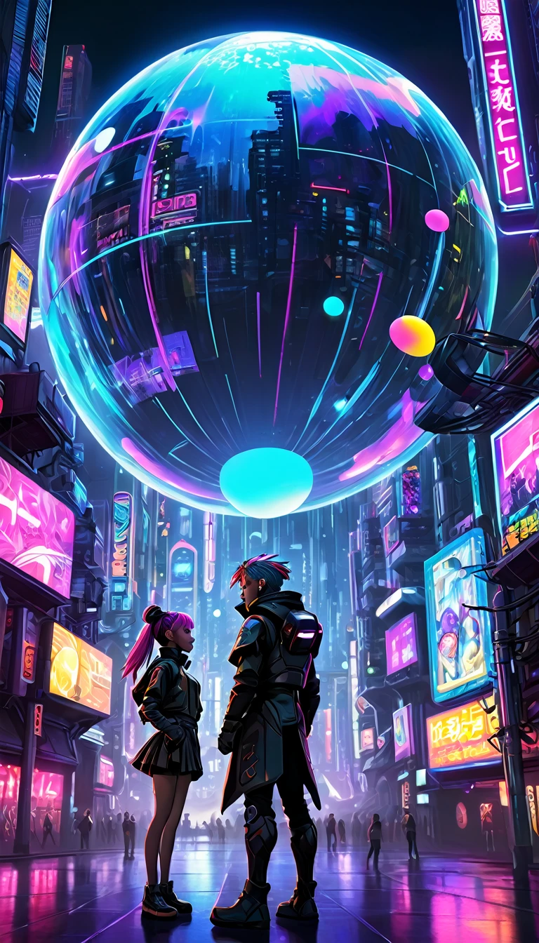 A cyberpunk girl stands center stage, singing powerfully directly toward the viewer's perspective in front of a massive globe surrounded by neon lights and floating digital bubbles. Beside her, a cyberpunk boy sings while gazing intently into her eyes. Both are standing under a futuristic cityscape filled with holograms, neon signs, and towering metallic structures. The characters are dressed in futuristic clothing with glowing accents, cybernetic enhancements, and vibrant hair colors. The atmosphere is moody with a blend of dark and neon colors."Negative Prompt:"Cartoonish elements, overly bright colors, messy background, flat lighting, outdated or medieval clothing, traditional hairstyles, plain or non-futuristic environments, lack of cybernetic features, simple or dull color schemes, unengaged expressions, off-center focus."This revision emphasizes the girl's direct engagement with the audience, singing powerfully toward the viewer, while maintaining the cyberpunk atmosphere and setting.