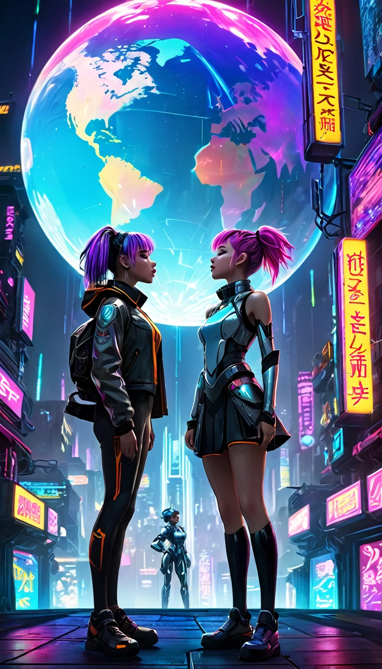 A cyberpunk girl stands center stage, singing powerfully directly toward the viewer's perspective in front of a massive globe surrounded by neon lights and floating digital bubbles. Beside her, a cyberpunk boy sings while gazing intently into her eyes. Both are standing under a futuristic cityscape filled with holograms, neon signs, and towering metallic structures. The characters are dressed in futuristic clothing with glowing accents, cybernetic enhancements, and vibrant hair colors. The atmosphere is moody with a blend of dark and neon colors."Negative Prompt:"Cartoonish elements, overly bright colors, messy background, flat lighting, outdated or medieval clothing, traditional hairstyles, plain or non-futuristic environments, lack of cybernetic features, simple or dull color schemes, unengaged expressions, off-center focus."This revision emphasizes the girl's direct engagement with the audience, singing powerfully toward the viewer, while maintaining the cyberpunk atmosphere and setting.