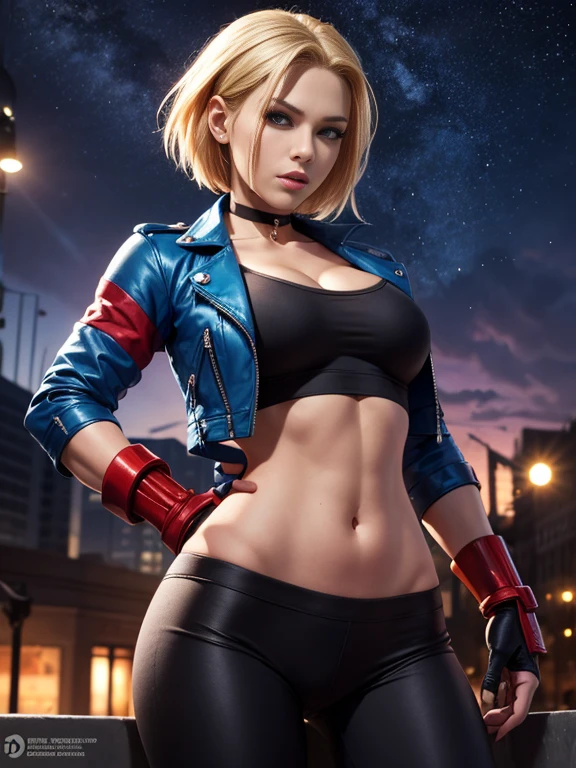 score_9, score_8_up, score_7_up, score_6_up, score_5_up,  [ Cammy White],[blonde hair, short hair, blue eyes],Cammy White from Street Fighter 6,[blue Jacket, open jacket,cropped jacket, choker, black gloves, black crop top,black pants, fingerless gloves],[night time, stars in the sky],4k,sharp image,detailed, sexy, extremely detailed artgerm,  (masterpiece, best quality:1.2),  (insanely detailed, beautiful detailed, masterpiece, best quality), (insanely detailed, masterpiece, best quality)   starry night sky, stars in the sky