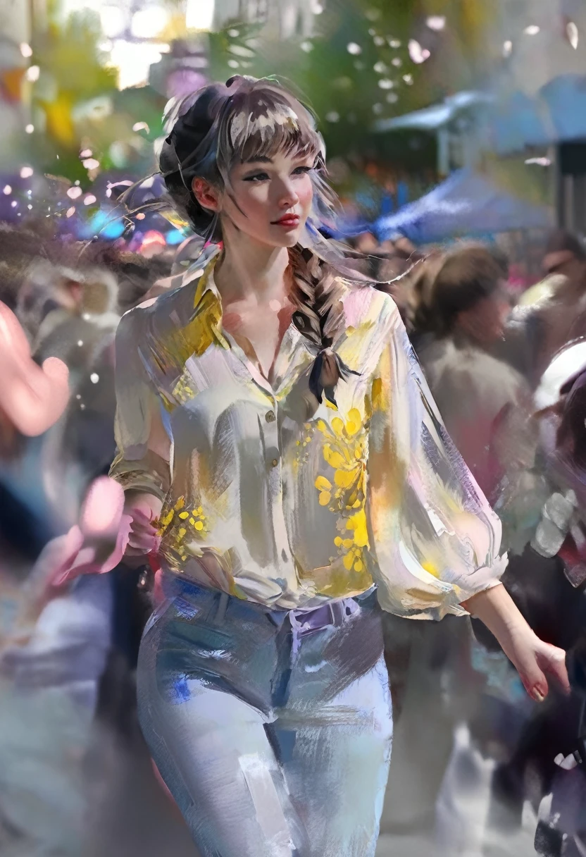 Painting, water color, paint strokes, muted colors, best quality, photorealistic, 1girl, woman,(skindentation), medium breast, (bright), (professional lighting, bokeh), (street), people, crowds, braided bangs, (blouse:1.5), (portait:0.8), gorgeous, bloom, floating hair, (dynamic pose:0.6) , soft lighting,
