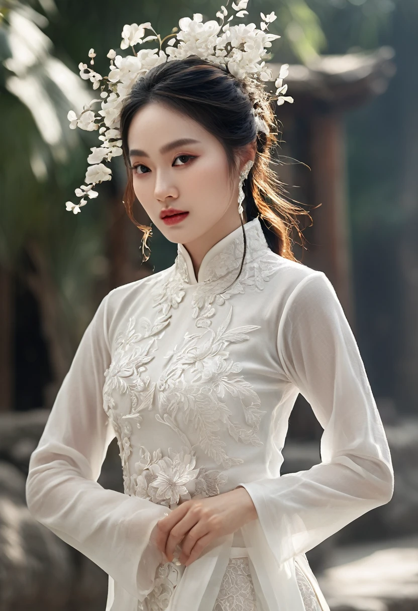 Vietnamese girl in white stylist ao dai costume, gorgeous, sophisticated design, bold fashion, impressive figure, oriental Hoi An scene, cool style, magical shimmering, flying petals, realistic details, extremely detailed, 8K, super realistic, dynamic pose, cinematic lighting, high vivid, 
