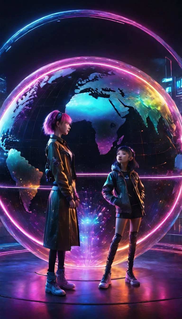 A cyberpunk girl stands center stage, singing powerfully directly toward the viewer's perspective in front of a massive globe surrounded by neon lights and floating digital bubbles. Beside her, a cyberpunk boy sings while gazing intently into her eyes. Both are standing under a futuristic cityscape filled with holograms, neon signs, and towering metallic structures. The characters are dressed in futuristic clothing with glowing accents, cybernetic enhancements, and vibrant hair colors. The atmosphere is moody with a blend of dark and neon colors."Negative Prompt:"Cartoonish elements, overly bright colors, messy background, flat lighting, outdated or medieval clothing, traditional hairstyles, plain or non-futuristic environments, lack of cybernetic features, simple or dull color schemes, unengaged expressions, off-center focus."This revision emphasizes the girl's direct engagement with the audience, singing powerfully toward the viewer, while maintaining the cyberpunk atmosphere and setting.