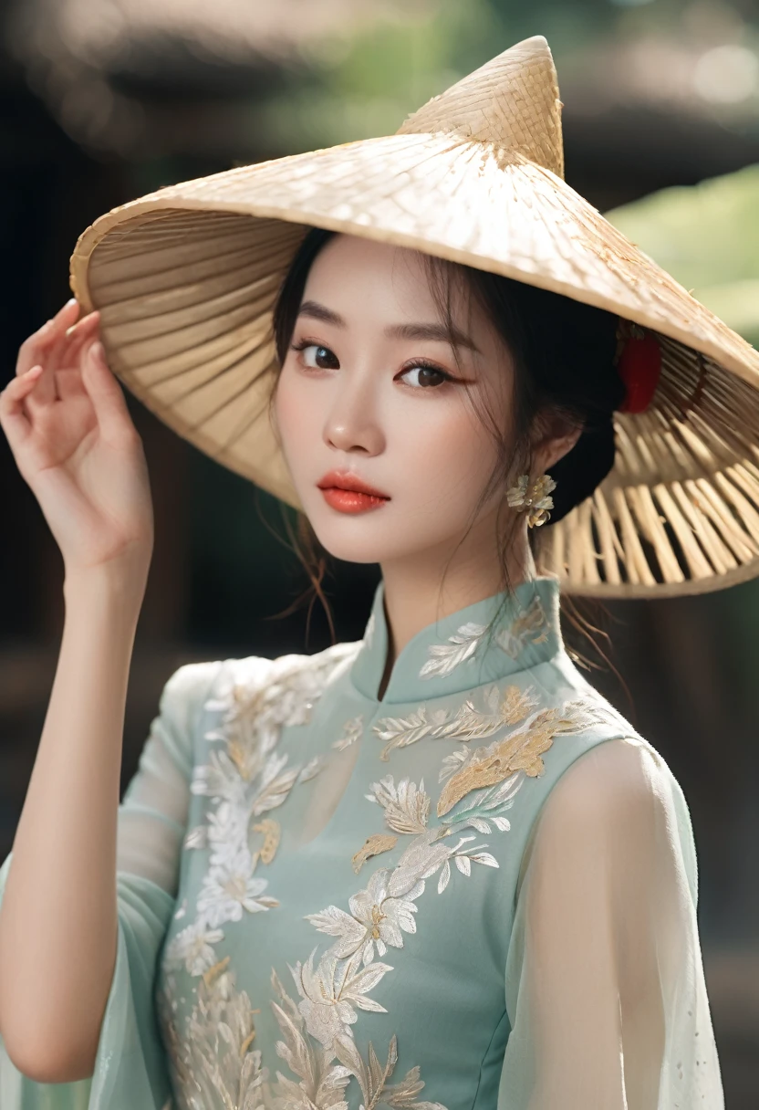 Vietnamese girl in stylist ao dai costume, gorgeous, sophisticated design, bold fashion, impressive figure, oriental Hoi An scene, cool style, magical shimmering, flying petals, realistic details, extremely detailed, 8K, super realistic, dynamic pose, cinematic lighting, high vivid, non la, Viet Nam conical hat
